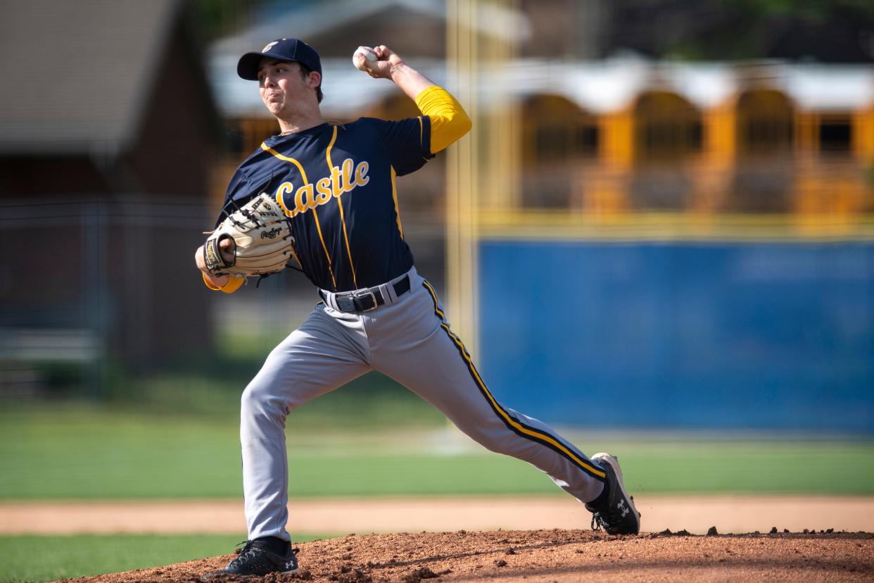 Castle’s Will Coleman (17) pitches as the Castle Knights play the Harrison Warriors in Newburgh, Ind., Thursday, April 18, 2024.