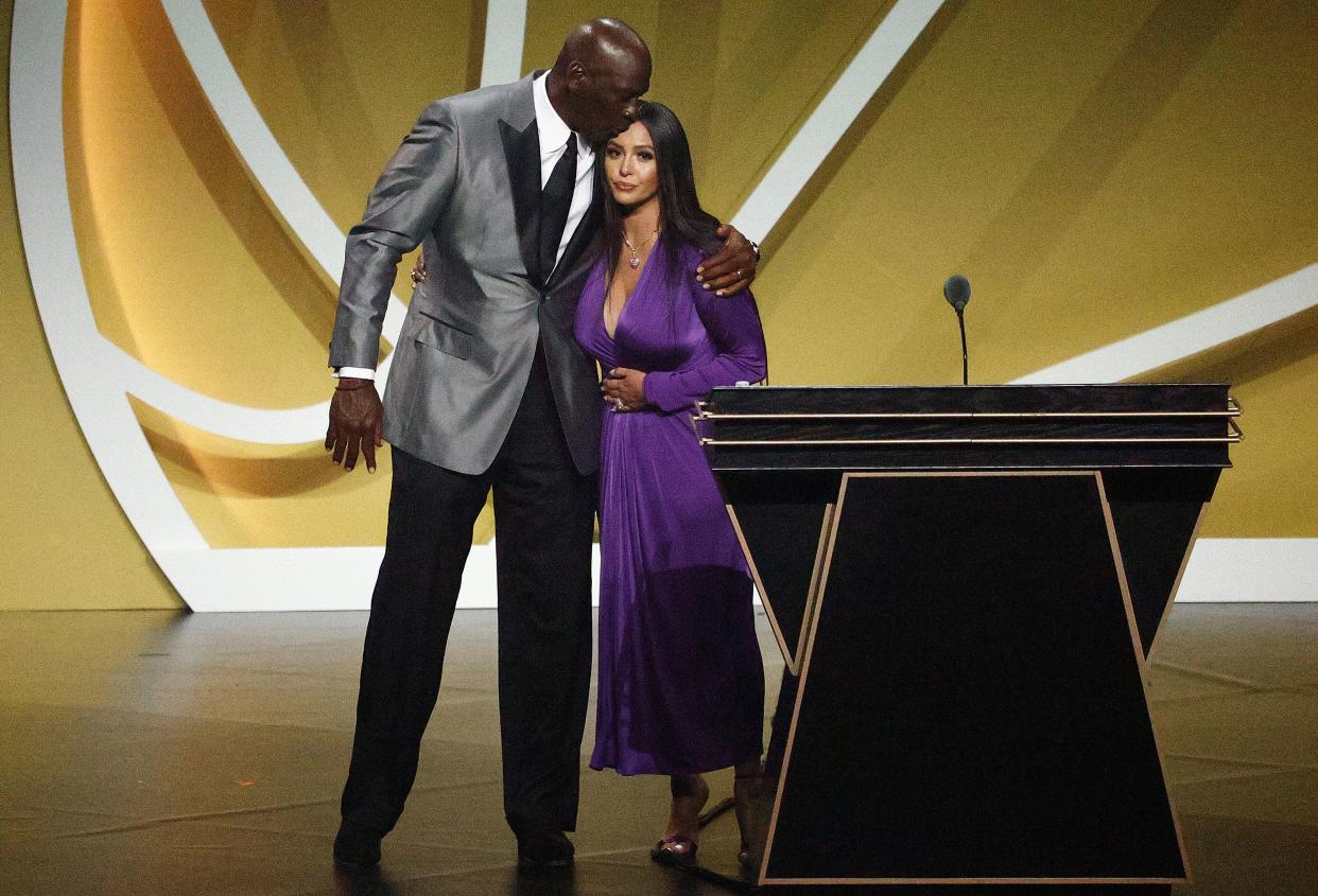 Vanessa Bryant is greeted by presenter Michael Jordan after speaking on behalf of Class of 2020 inductee, Kobe Bryant during the 2021 Basketball Hall of Fame Enshrinement Ceremony. (Photo: Maddie Meyer via Getty Images)
