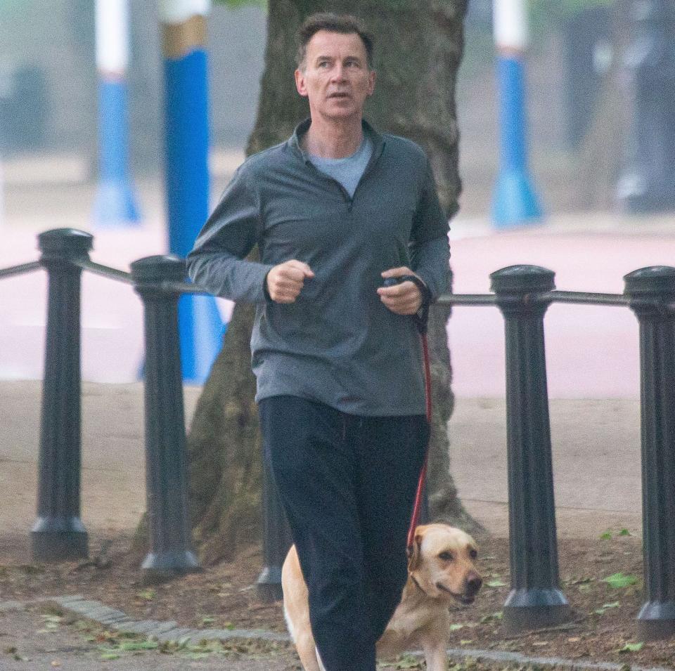 Jeremy Hunt, the Chancellor, is pictured this morning in Westminster going for a run with his dog Poppy