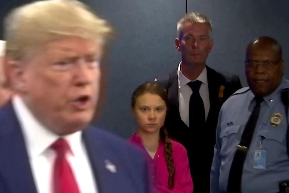 Greta Thunberg stares down US President Donald Trump. Source: Reuters