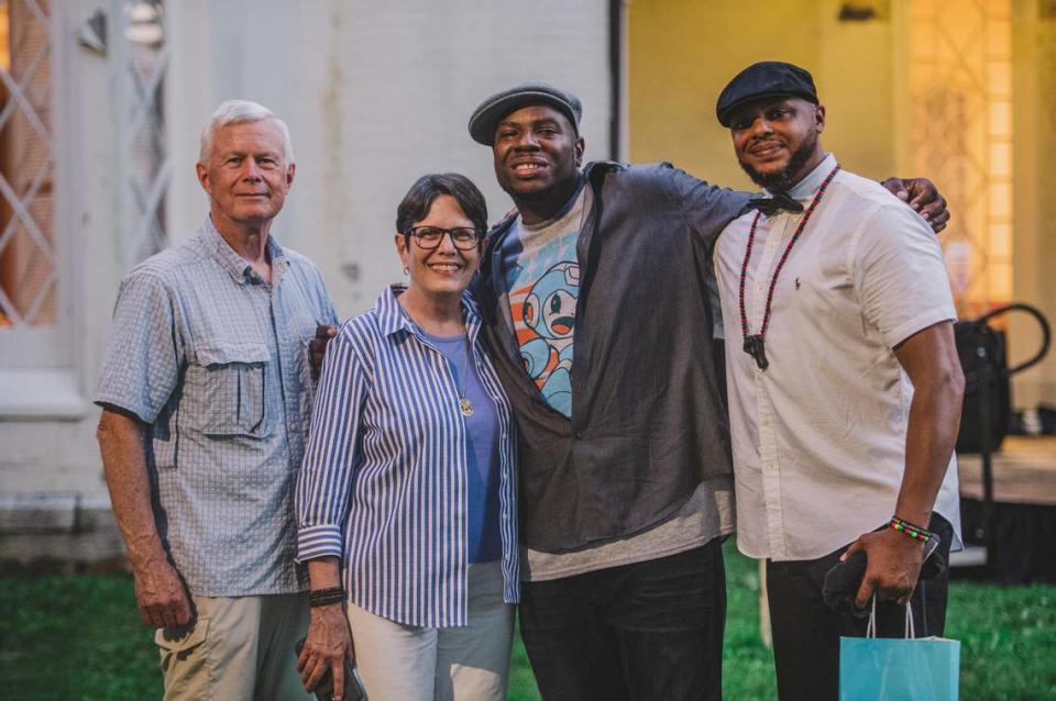 Charles and Mayor Linda Gorton with performers DJ Jaysyn “JK-47” Wyche and Devine Carama at the “Beat of the Heartland” concert June 12 at Loudoun House.