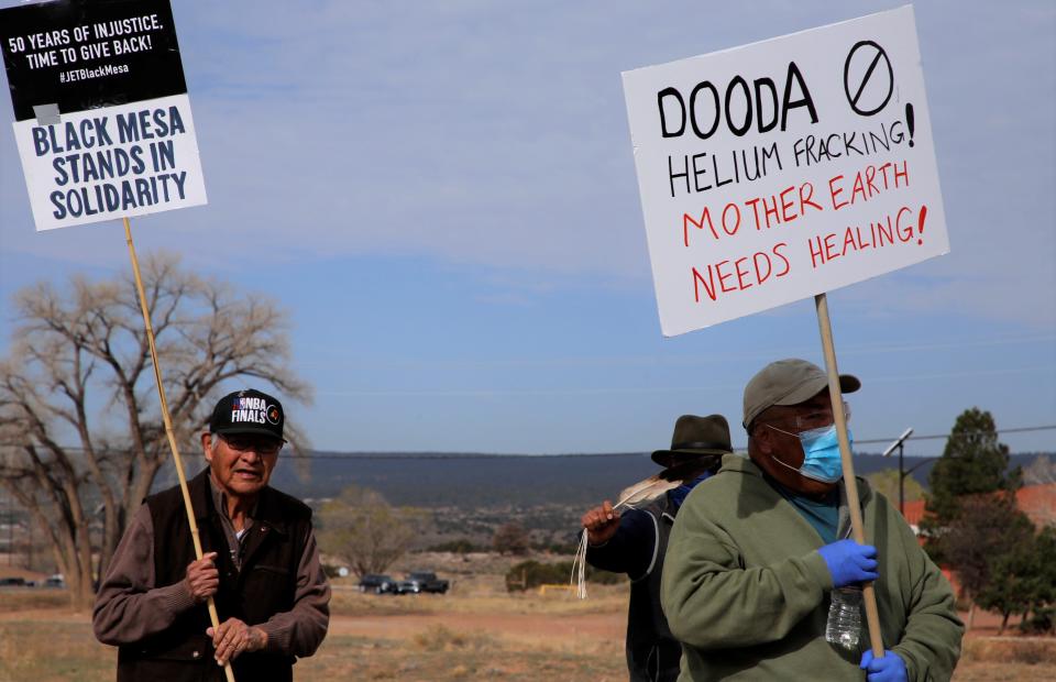Demonstrators in Window Rock, Arizona on April 18 call on the Navajo Nation Council to vote against a bill to allow helium development in Sanostee and Teec Nos Pos chapters.