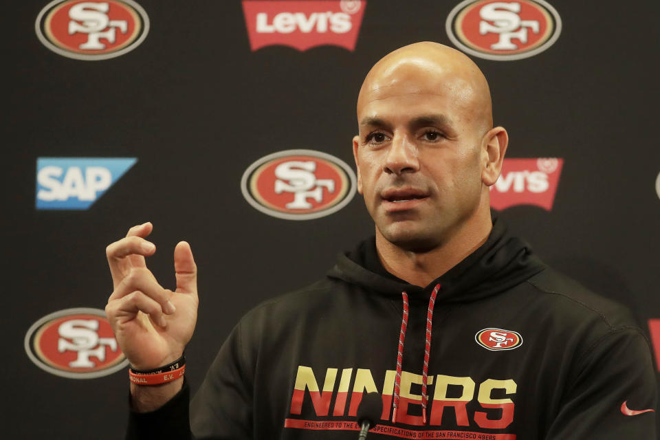 San Francisco 49ers defensive coordinator Robert Saleh speaks during a news conference at the team's NFL football training facility in Santa Clara, Calif., Thursday, Jan. 23, 2020. The 49ers will face the Kansas City Chiefs in Super Bowl 54. (AP Photo/Jeff Chiu)