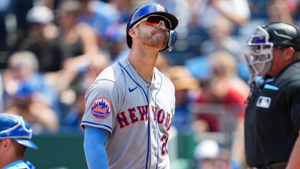 Aug 3, 2023; Kansas City, Missouri, USA; New York Mets first baseman Pete Alonso (20) reacts after striking out against the Kansas City Royals during the seventh inning at Kauffman Stadium.