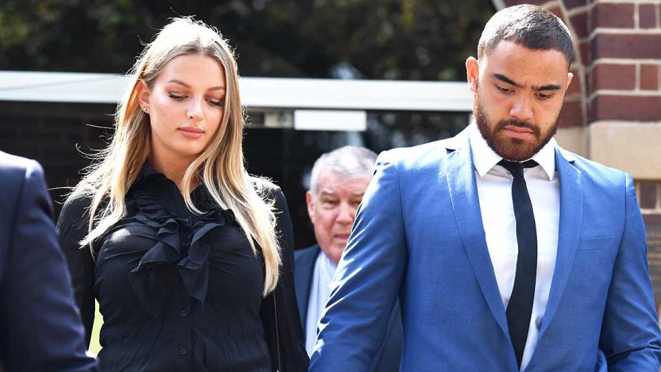 Dylan Walker leaves court with his partner Alexandra Ivkovic. Pic: Getty