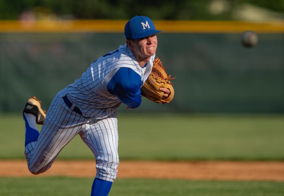 Memorial’s Matthew Fisher (2) pitches the ball to the Castle Knights at bat during the final SIAC game of the season at N.J. Stone Field in Evansville, Ind., Tuesday afternoon, May 9, 2023.