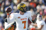 North quarterback Shea Patterson of Michigan (7) throws a pass during the first half of the Senior Bowl college football game Saturday, Jan. 25, 2020, in Mobile, Ala. (AP Photo/Butch Dill)