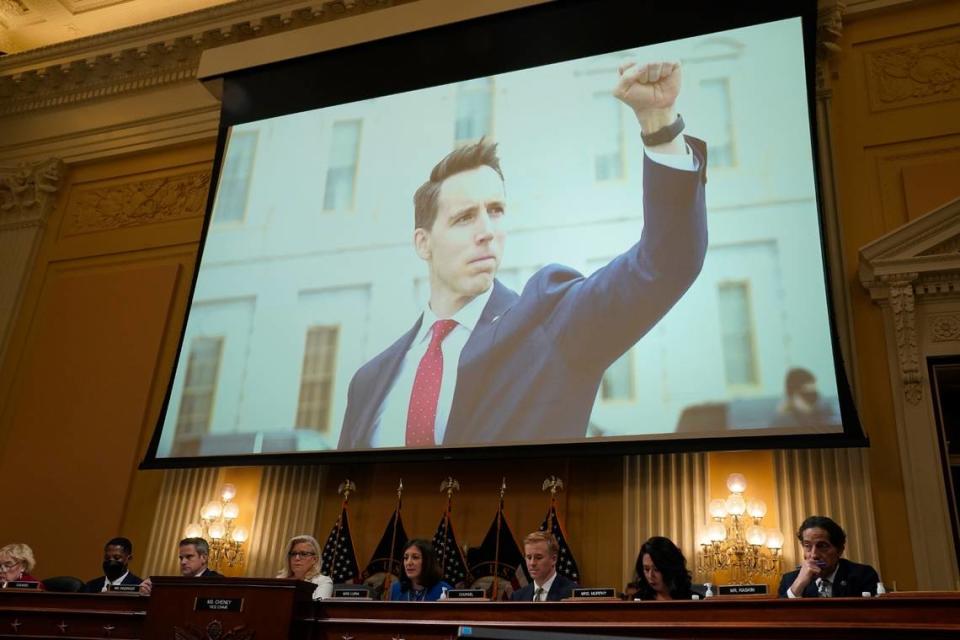 A photograph of Sen. Josh Hawley raising his fist at Trump supporters ahead of the Capitol riot is shown at a 2022 congressional hearing about the January 6 attack. (Jack Gruber-USA TODAY).