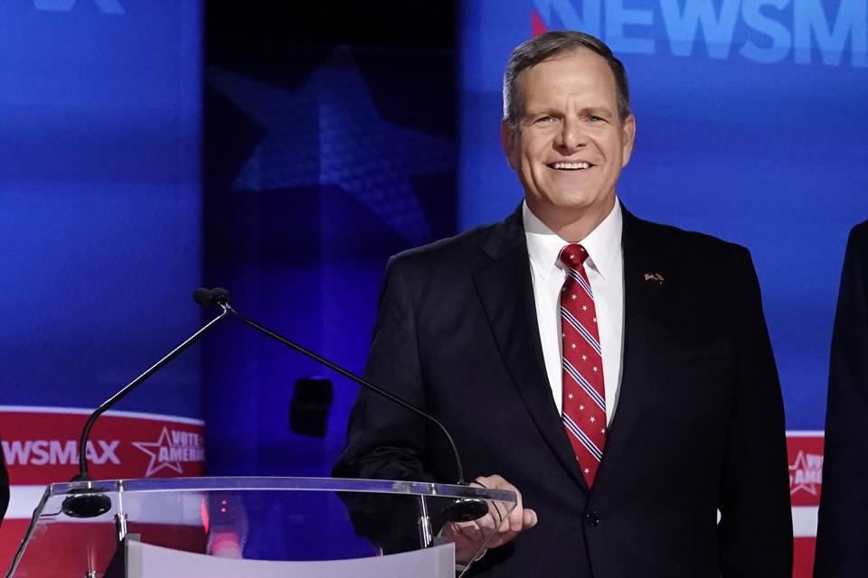 Arizona Republican US Senate candidate Mick McGuire poses for a photograph prior to the Arizona Republican Senate primary debate hosted by Newsmax at the Madison Center for The Arts Wednesday, July 13, 2022, in Phoenix. (AP Photo/Ross D. Franklin)