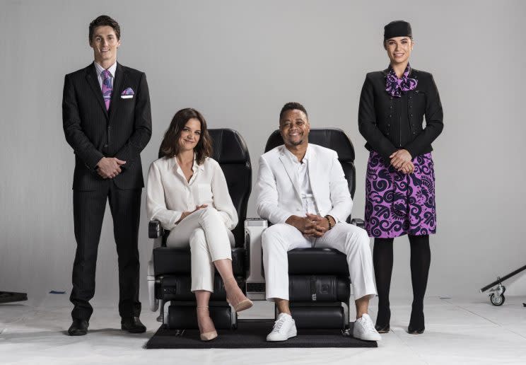 Katie Holmes and Cuba Gooding Jr filming Air New Zealand’s in-flight safety video / Courtesy Air New Zealand