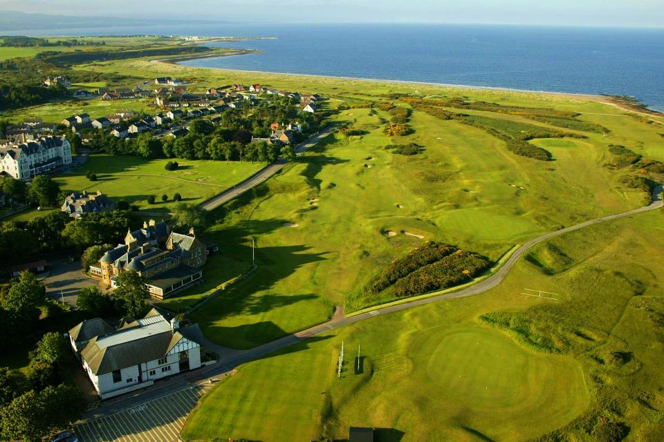 Aerial view of Clubhouse and the 1st par 4,Royal Dornoch, Championship Course