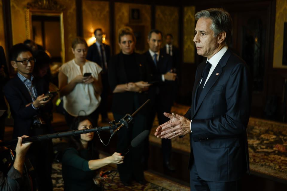 U.S. Secretary of State Antony Blinken speaks to the media after participating in the so-called "2+2 Dialogue" in New Delhi, India, Friday, Nov. 10, 2023. (Jonathan Ernst/Pool via AP)