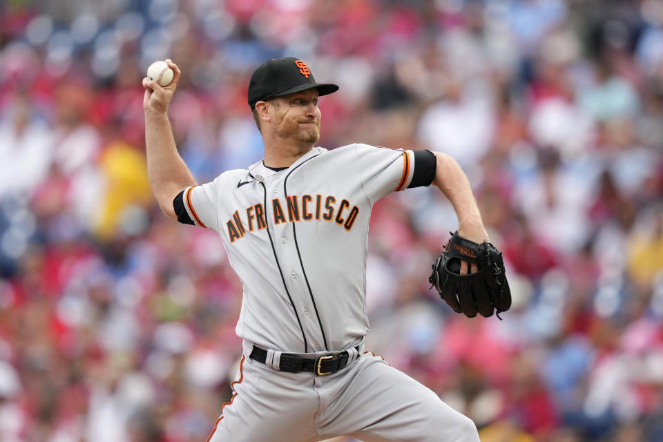 San Francisco Giants' Alex Cobb pitches during the first inning of a baseball game against the Philadelphia Phillies, Wednesday, Aug. 23, 2023, in Philadelphia. (AP Photo/Matt Slocum)