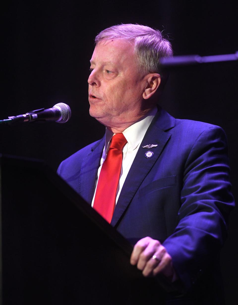 Mike France, outgoing state representative and Republican candidate, makes a point Oct. 12, 2022, during a debate for the Second Congressional seat at the Garde Arts Center in New London.