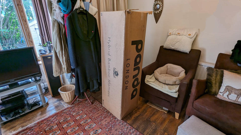 The Panda Hybrid Bamboo mattress in its delivery box
