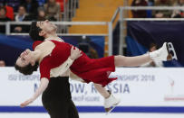 Figure Skating - ISU European Championships 2018 - Ice Dance Free Dance - Moscow, Russia - January 20, 2018 - Anna Cappellini and Luca Lanotte of Italy compete. REUTERS/Grigory Dukor