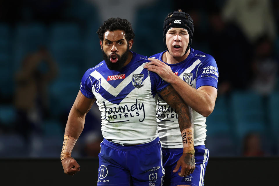 Josh Addo-Carr and Matt Burton, pictured here in action for the Bulldogs against Parramatta.