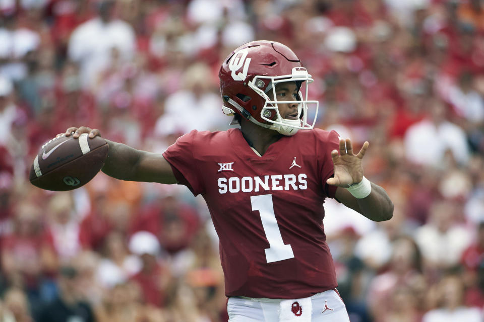 FILE - In this Oct. 6, 2018, file photo, Oklahoma quarterback Kyler Murray (1) throws a pass against Texas during the first half of an NCAA college football game at the Cotton Bowl, in Dallas. Murray is a possible pick in the 2019 NFL Draft. (AP Photo/Cooper Neill, File)