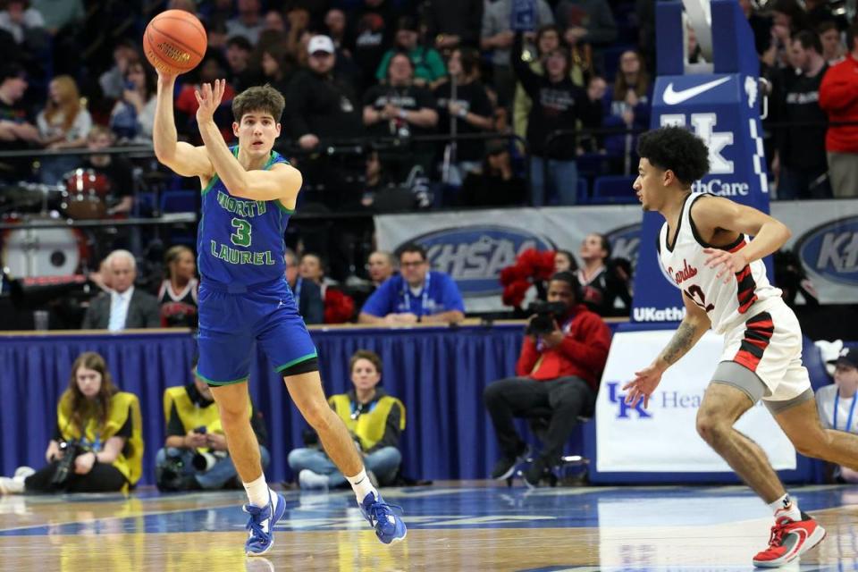 North Laurel’s Reed Sheppard (3) makes a pass against George Rogers Clark during a first-round game in Boys’ Sweet 16 state tournament on March 16. Sheppard is the first boys’ basketball player from a Kentucky high school to be named a McDonald’s All-American since 2011.