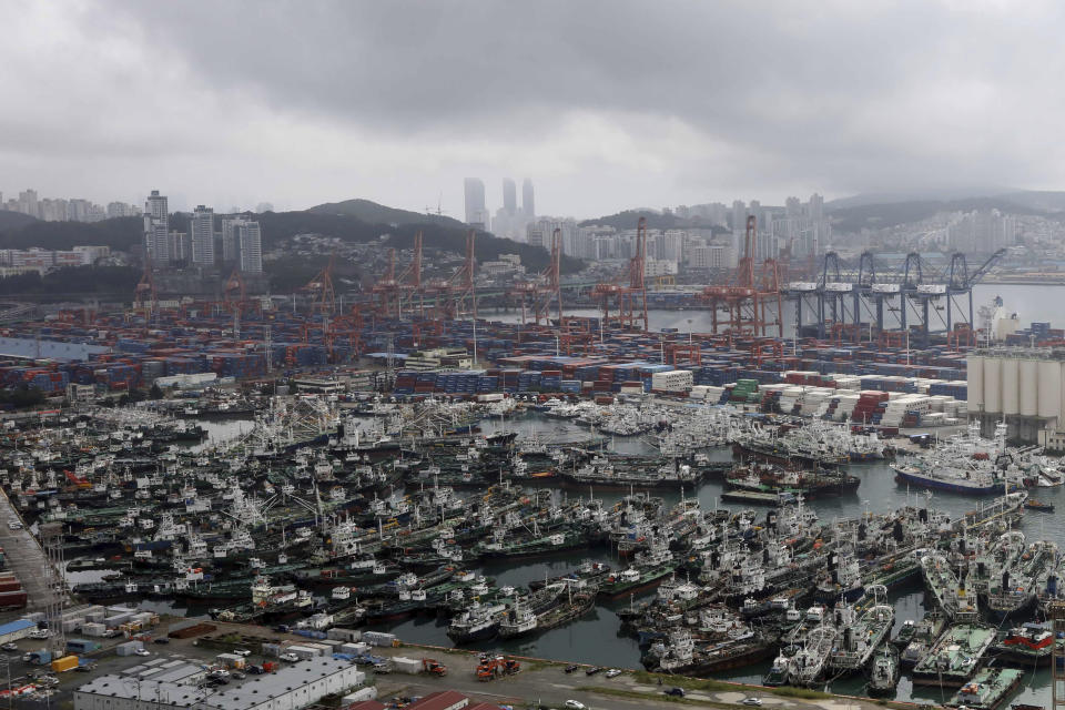 Fishing boats are anchored ahead of the arrival of Typhoon Hinnamnor at a port in Busan, South Korea, Sunday, Sept. 4, 2022. (Ha Kyung-min/Newsis via AP)