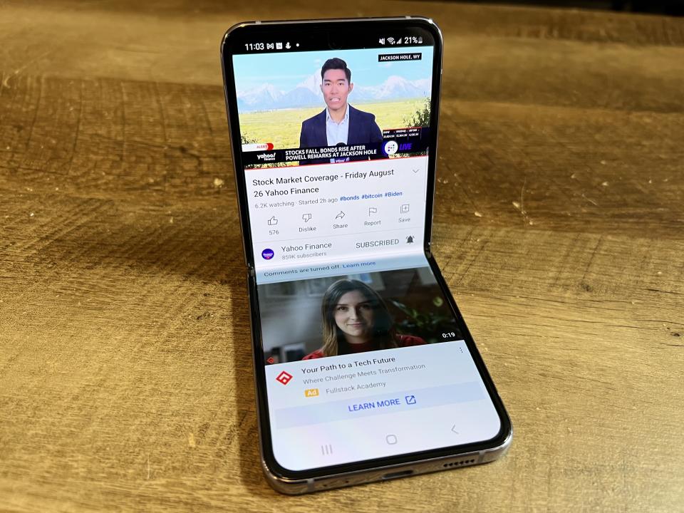 The Galaxy Z Flip4 can be used in Flex Mode or laid flat and used as a regular phone. (Image: Howley)