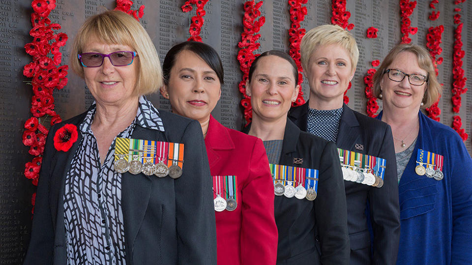 (L-R) Veterans Ledy Rowe, Lucy Wong, Alison Gillam, Kellie Dadds and Jan-Maree Ball are seen at the Australian War Memorial in Canberra, Friday, November 17, 2017. Adelaide’s servicewomen will march together for the first time this Anzac Day as part of an effort to broaden the public’s perception of veterans. Source: AAP