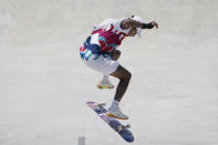Nyjah Huston of the United States competes during the men's street skateboarding finals at the 2020 Summer Olympics, Sunday, July 25, 2021, in Tokyo, Japan. (AP Photo/Jae C. Hong)