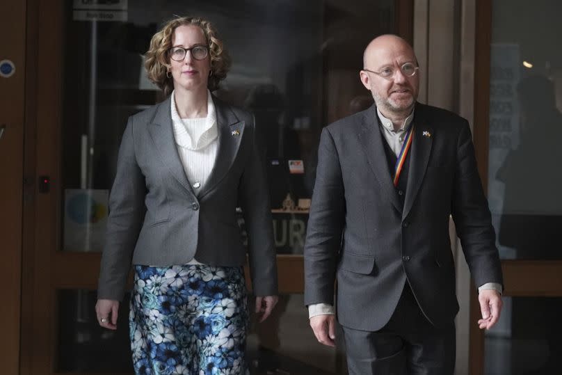 Scottish Green party co-leaders Lorna Slater and Patrick Harvie at Holyrood, in Edinburgh, 25 April 2024.