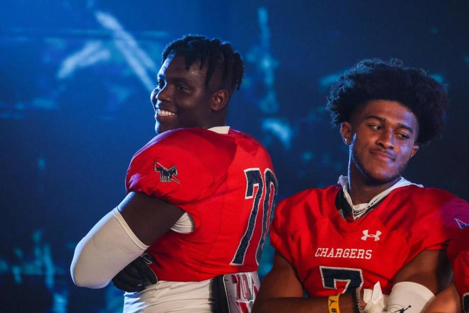 Providence Day’s David Sanders, left, and Channing Goodwin participate in media day on Wednesday, June 14, 2023 at Bank of America Stadium. The two schools will face each other for a game on Saturday, August 19th at Bank of America Stadium.