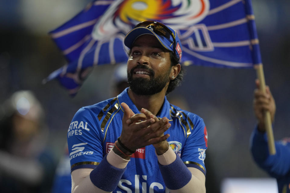 Mumbai Indians' captain Hardik Pandya cheers the crowd after their win during the Indian Premier League cricket match between Mumbai Indians' and Delhi Capitals' in Mumbai, India, Sunday, April. 7, 2024.(AP Photo/ Rafiq Maqbool)