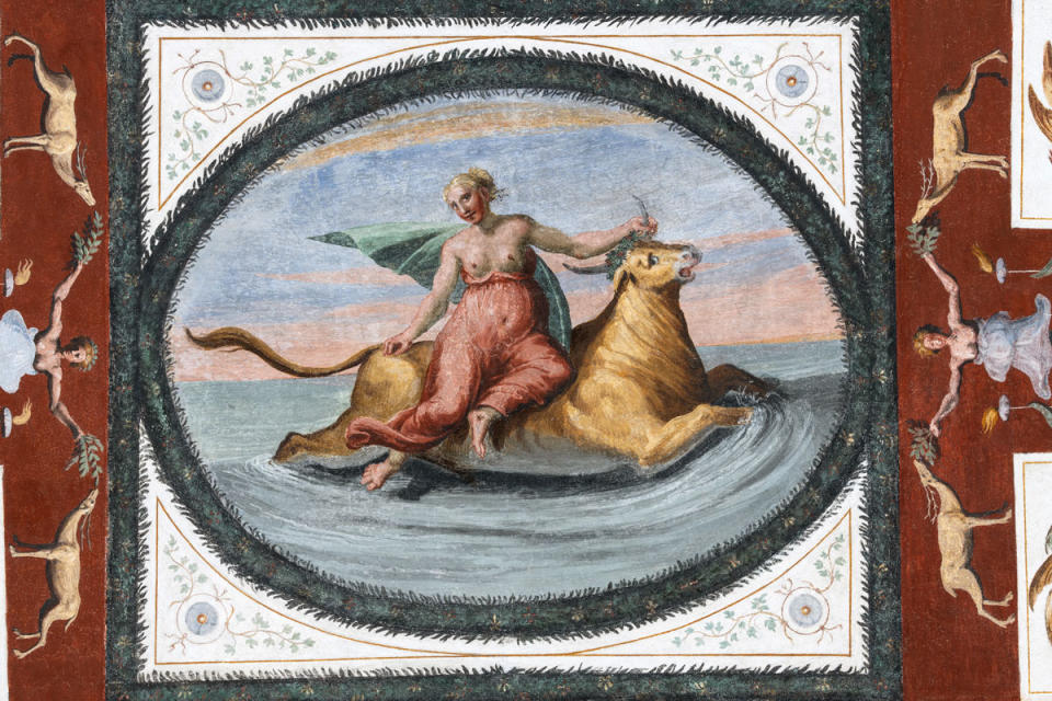Fresco of the abduction of Europe in the Chambre dEurope, at Prince’s Palace of Monaco.
