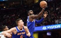 Oct 29, 2017; Cleveland, OH, USA; New York Knicks guard Tim Hardaway Jr. (3) drives to the basket against the Cleveland Cavaliers during the first half at Quicken Loans Arena. Ken Blaze-USA TODAY Sports