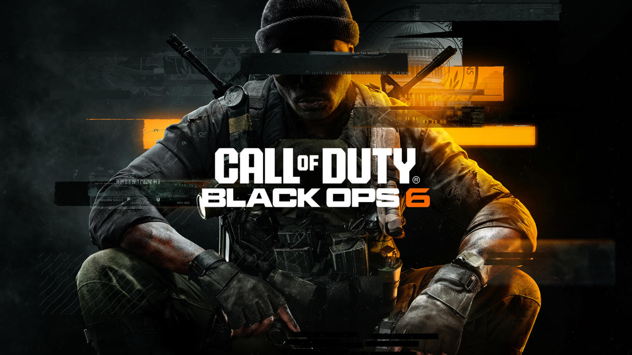  The box art for Black Ops 6, showing a soldier draped in darkness, holding two pistols in a crouched position. 