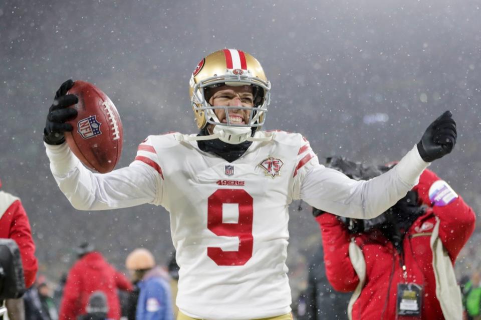 The San Francisco 49ers, whose kicker Robbie Goul is shown, are one game away from their second Super Bowl appearance in three seasons following a last-play win over the Green Bay Packers in Wisconsin (Aaron Gash/AP) (AP)