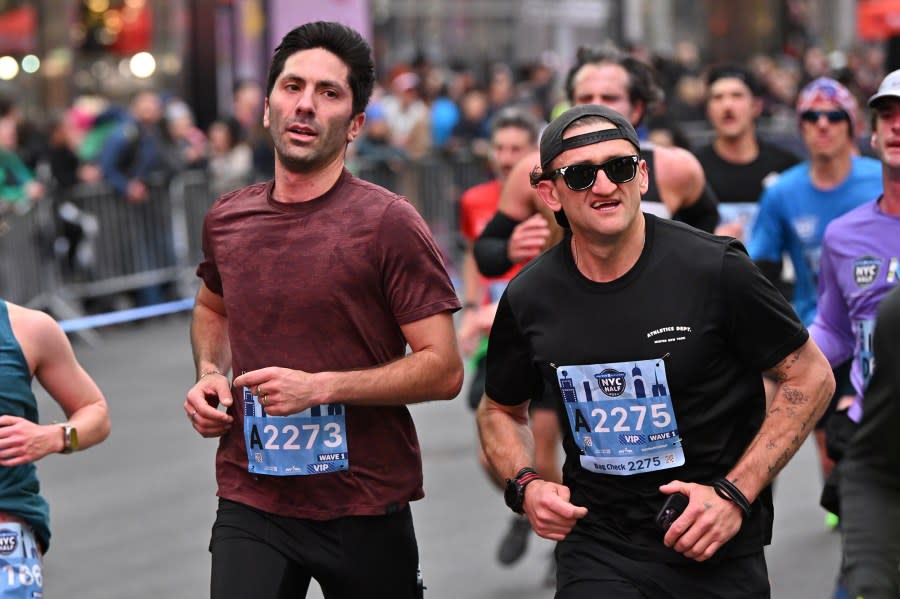 NEW YORK, NEW YORK – MARCH 17: Nev Schulman and Casey Neistat participate in the United Airlines NYC Half Marathon on March 17, 2024 in New York City. The course starts in Brooklyn and ends in Central Park in Manhattan. (Photo by Roy Rochlin/New York Road Runners via Getty Images)