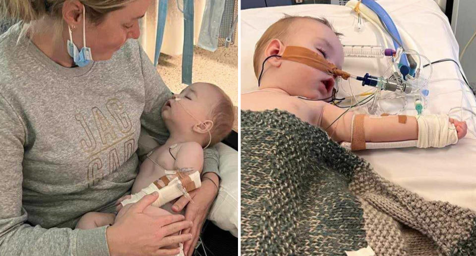 Mum Ally holds baby Lachie in her arms in hospital (left) and Lachie who suffers 100 seizures a day can be seen on a hospital bed wired up to several tubes connected to him (right). 