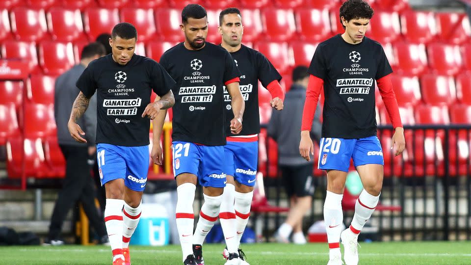 Granada CF players wear t-shirts protesting the European Super League before their La Liga match against SD Eibar at Estadio Nuevo Los Carmenes on April 22, 2021, in Spain. - Fran Santiago/Getty Images