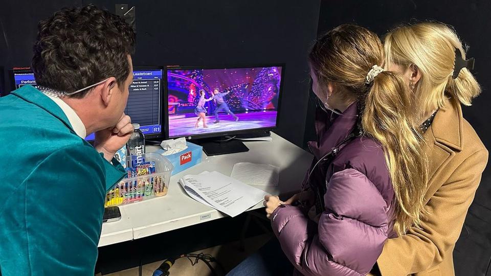 Stephen Mulhern, Belle and Holly Willoughby watch Dancing On Ice dress rehearsal