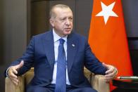 Turkish President Recep Tayyip Erdogan gestures while speaking to Russian President Vladimir Putin during their meeting in the Bocharov Ruchei residence in the Black Sea resort of Sochi in Sochi, Russia, Monday, Sept. 17, 2018. The presidents of Russia and Turkey are meeting in the Russian Black Sea resort of Sochi on Monday in a bid to find a diplomatic resolution to the crisis around a rebel-held region in Syria. (AP Photo/Alexander Zemlianichenko, Pool)