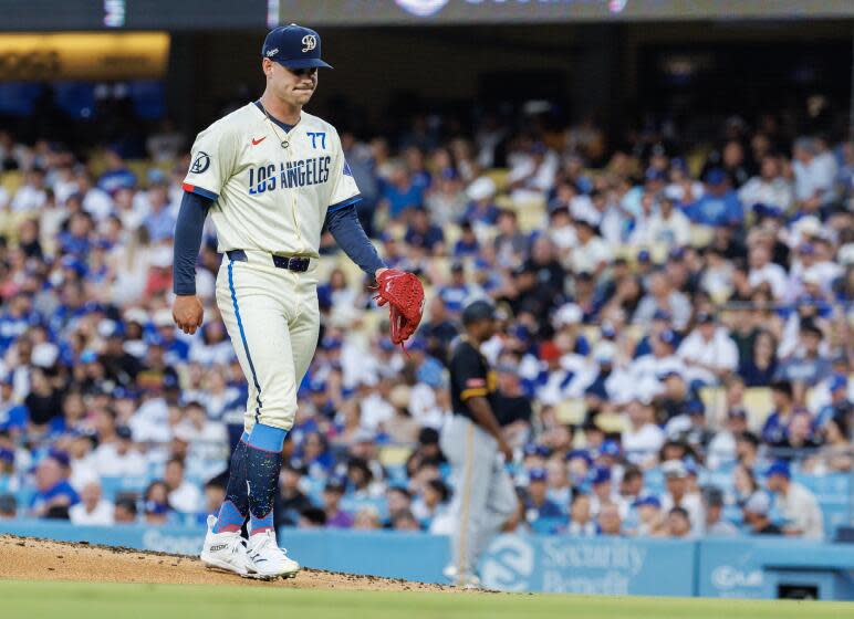 LOS ANGELES, CA - AUGUST 10, 2024: Los Angeles Dodgers starting pitcher River Ryan (77) leaves the game for a right arm injury in the fifth inning against the Pittsburgh Pirate on August 10, 2024 in Los Angeles, California. (Gina Ferazzi / Los Angeles Times)