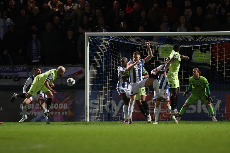 Paddy Madden of Stockport County heads their third goal during the Sky Bet League 2 match between Hartlepool United and Stockport County at Victoria Park, Hartlepool on Saturday 3rd December 2022. (Photo by Mark Fletcher/MI News/NurPhoto via Getty Images)