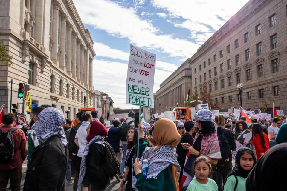 “HELLLLLL NO,” a 19-year-old demonstrator said when asked if she’d vote for Biden in 2024.