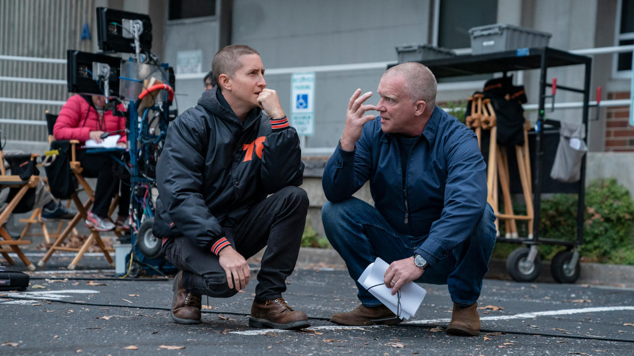 David Gordon Green and Anthony Michael Hall talk through a scene on the set of 'Halloween Kills'. (Ryan Green/Universal Pictures)