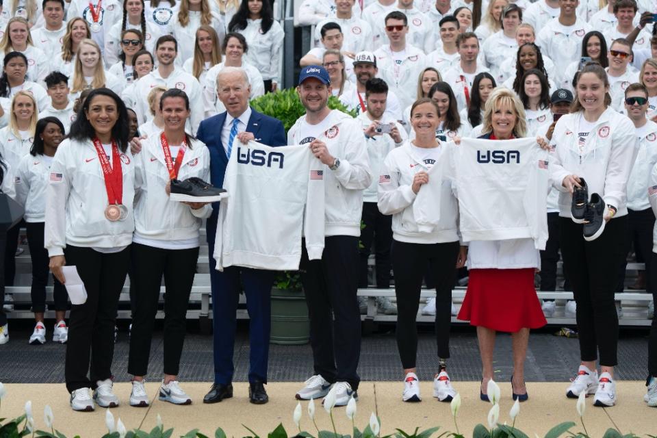 President Joe Biden and Jill Biden celebrate Team USA’s participation in the Tokyo 2020 Summer Olympic and Paralympic Games and Beijing 2022 Winter Olympic and Paralympic Games at the White House in Washington, DC on May 4, 2022. - Credit: Chris Kleponis - CNP / MEGA