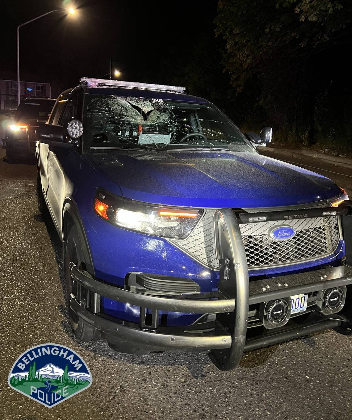 A man reportedly threw a 25-pound piece of railroad tie at a passing Bellingham Police Department patrol vehicle early Saturday, smashing the windshield.