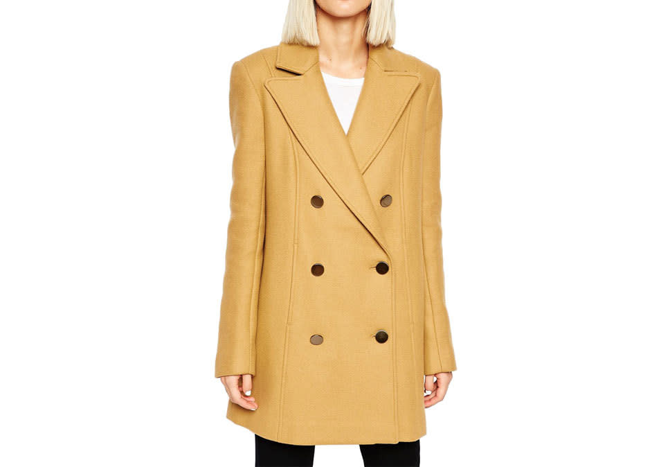 It’s sized for women, but this smart, ‘80s-inflected camel coat will be welcome in any wardrobe. 