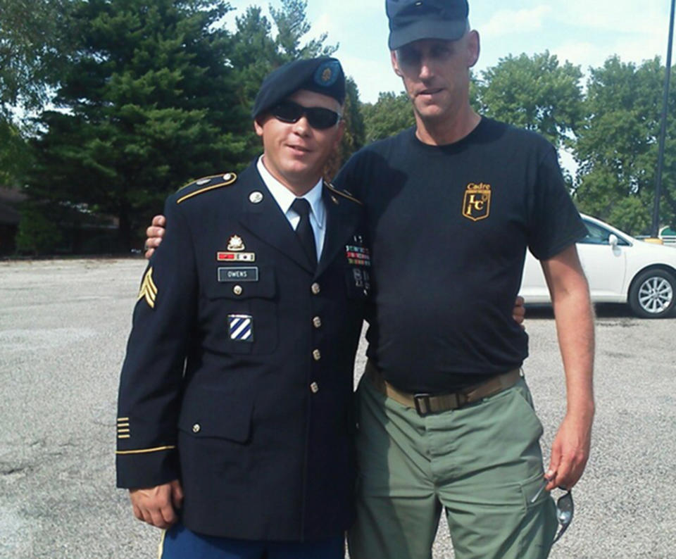 This undated family photo provided by Glen Welton shows U.S. Army Sgt. Tim Owens, left, of Effingham, Ill., with his cousin Glen Welton. Owens was one of three people killed by a shooter at Fort Hood, Texas on Wednesday, April 2, 2014. The shooter, identified as Ivan Lopez, also wounded 16 others before shooting himself, according to authorities. (AP Photo/Courtesy of the Owens family)