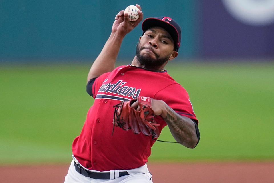 Cleveland Guardians' Xzavion Curry pitches to a Detroit Tigers batter during the first inning of Game 2 of a doubleheader at Progressive Field in Cleveland on Friday, Aug. 18, 2023.