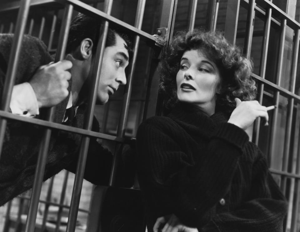 Cary Grant as David Huxley and Katharine Hepburn as Susan Vance in the 1938 comedy Bringing Up Baby. (Photo by �� John Springer Collection/CORBIS/Corbis via Getty Images)