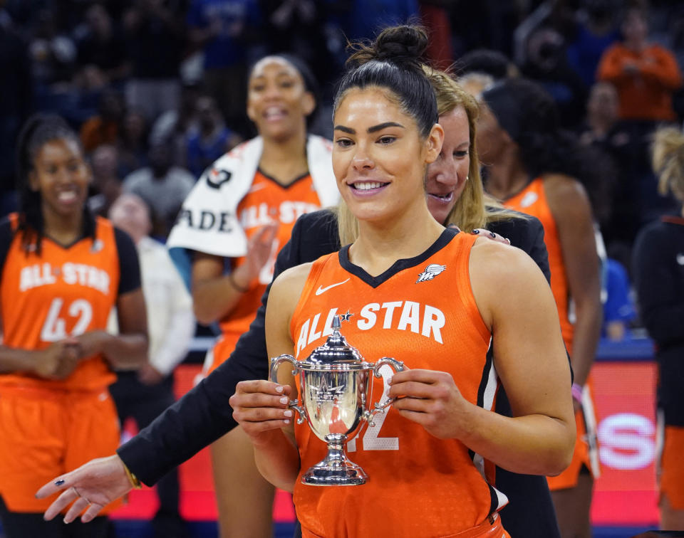 A trophy bigger than the one held by Kelsey Plum would likely be given out for an in-season tournament in the NBA, which the league is reportedly working to adapt. (David Banks-USA TODAY Sports)